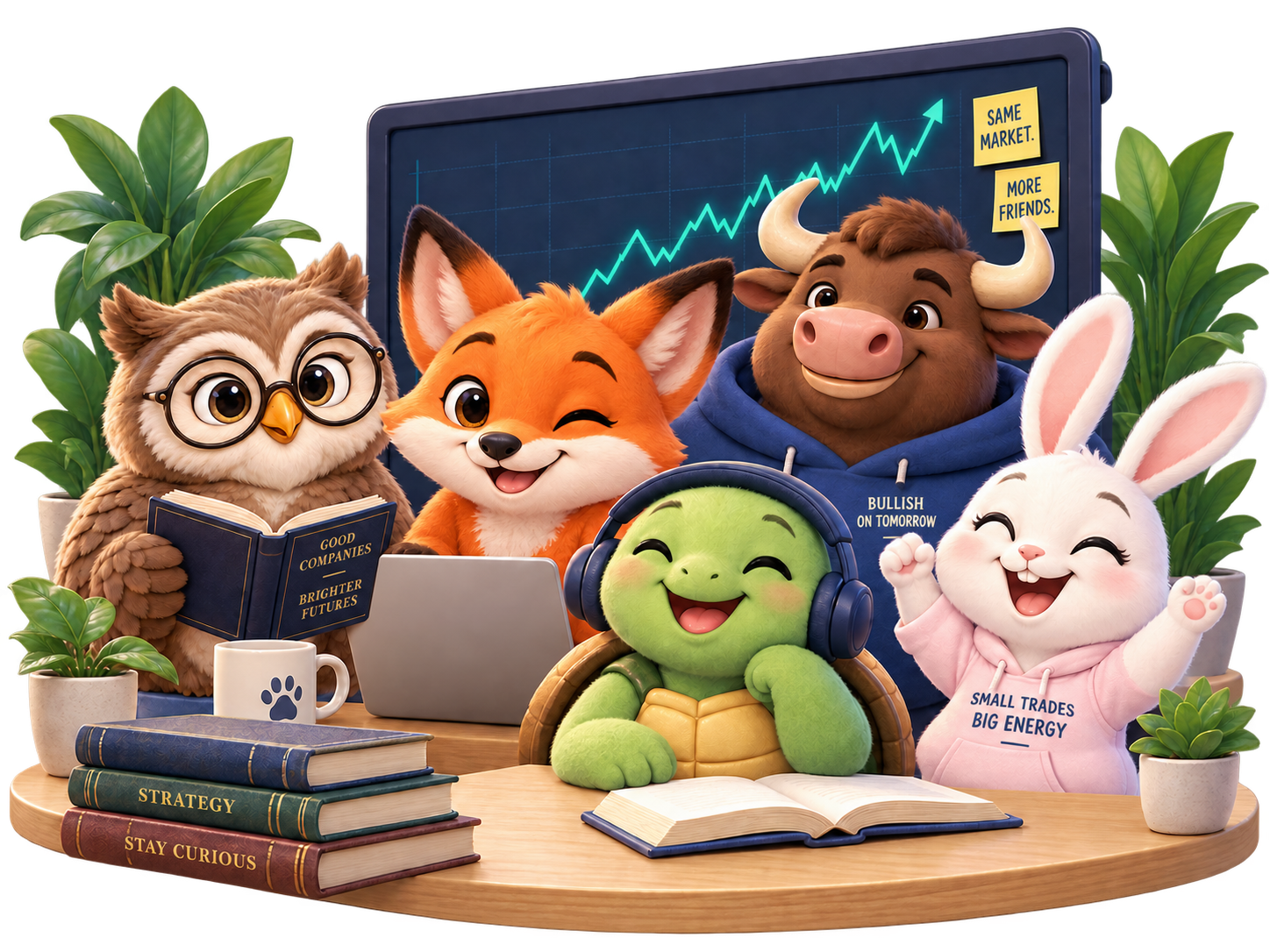 Olive the owl, Finn the fox, Toby the turtle, Bella the bull and a rabbit friend gather around their research desk, rendered as soft, fluffy characters.