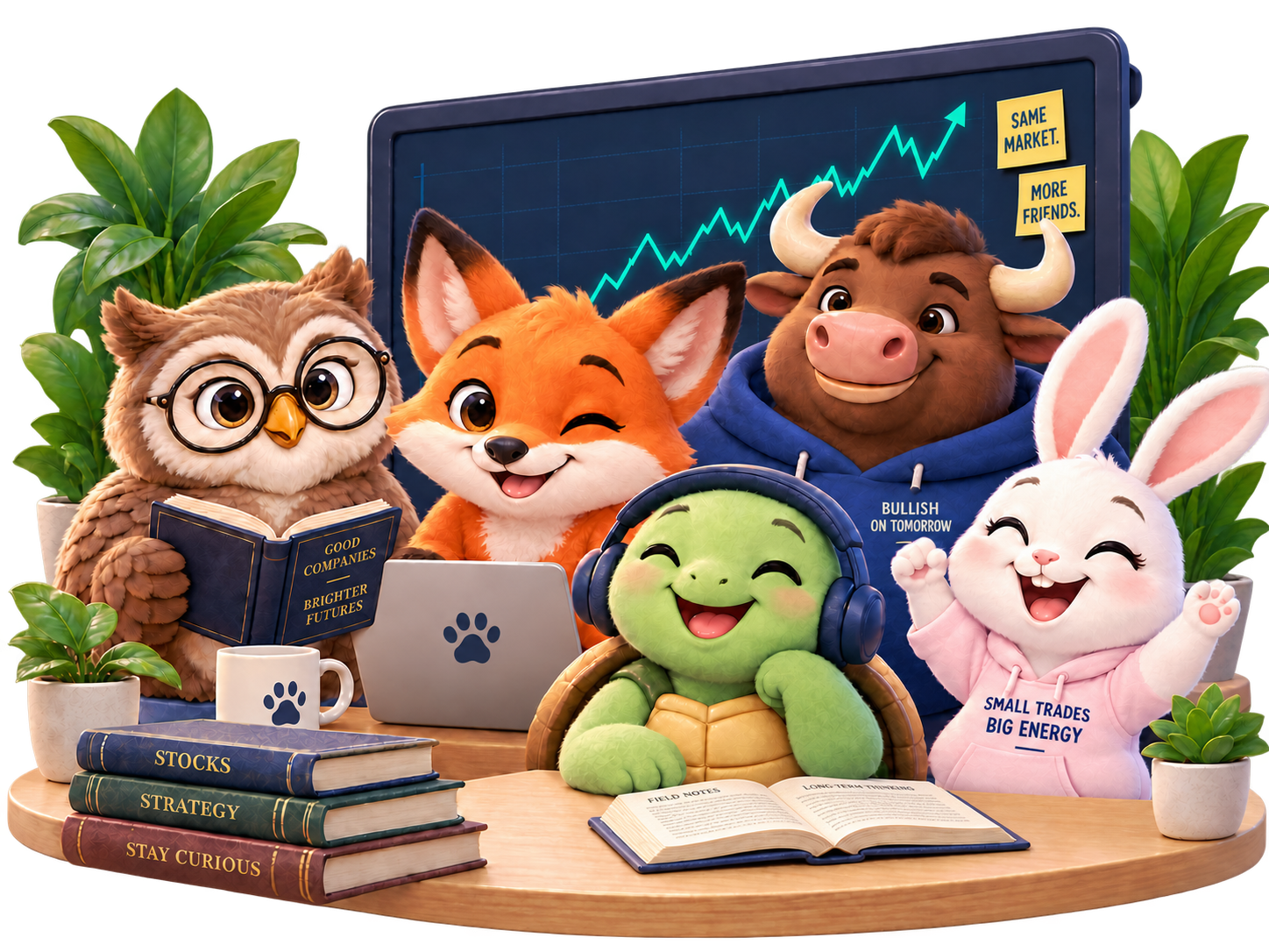 Olive the owl, Finn the fox, Toby the turtle, Bella the bull and a rabbit friend gather around their research desk, rendered as soft, fluffy characters.