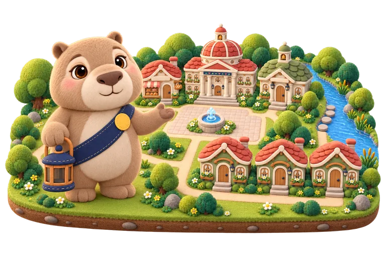 Mayor Mo, lantern in paw, shows off a model of Zoo Town: the Exchange Hall, the cottages of Maple Row and the river.