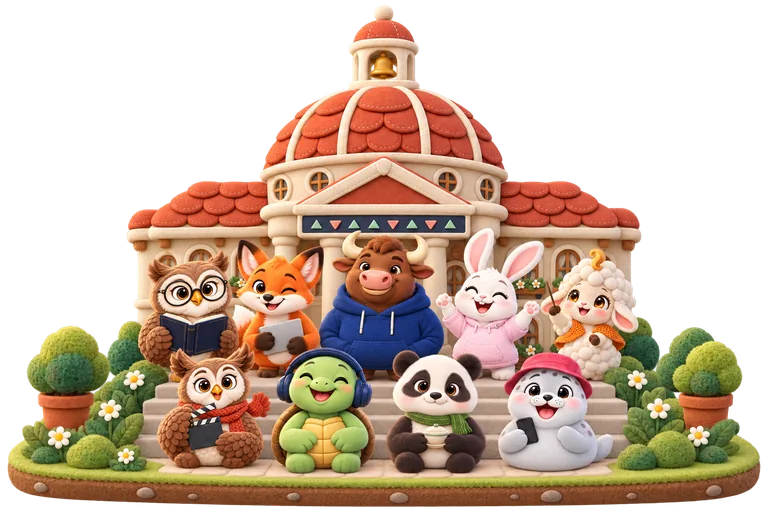 The TickerZoo traders as plush animals, lined up for a class photo on the steps of the Exchange Hall.