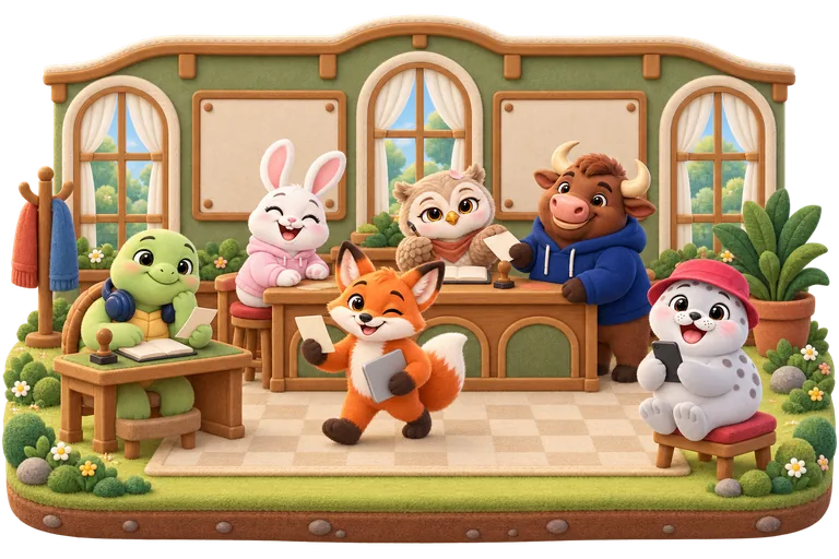 The trading floor inside the Exchange Hall: Toby reads his slip at a desk, Finn hurries past with an order, Rosie, Otto and Bella work the counter, and Splash waits with his phone.