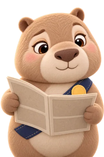 Mayor Mo, a plush capybara in a navy sash, reading a felt newspaper.